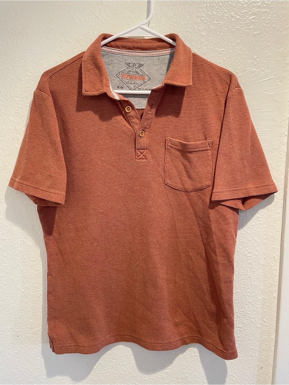 Weatherproof Vintage Mens Medium Waffle Knit Polo Shirt Short Sleeve Rust Orange